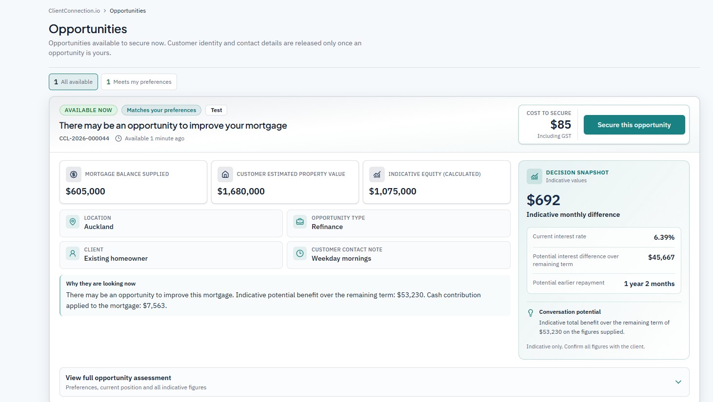 Adviser view of an available ClientConnection opportunity with decision snapshot
