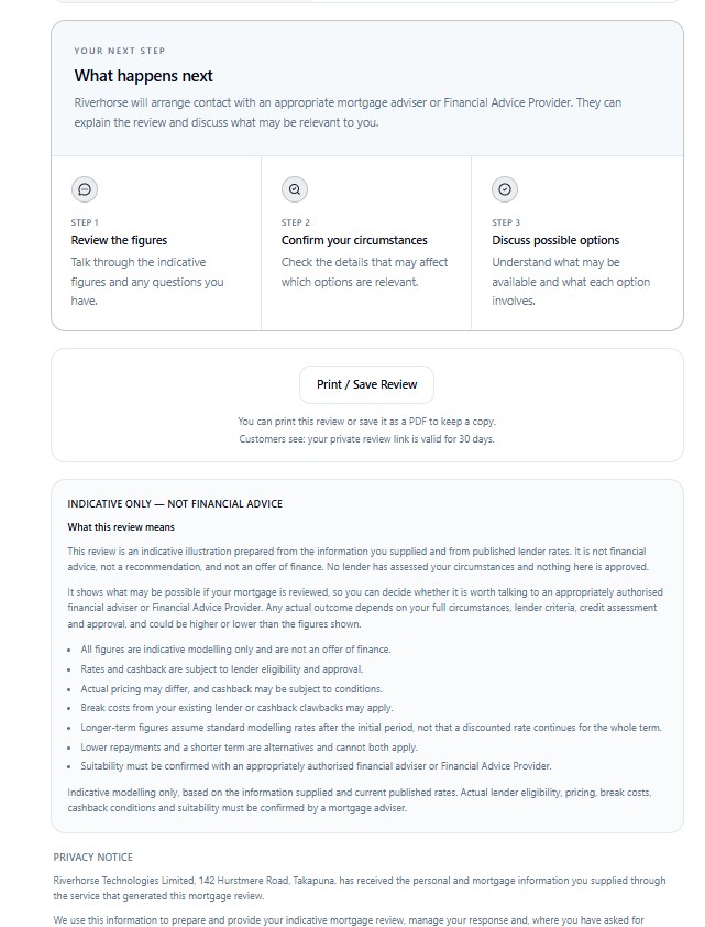 Client review page showing what happens next and the indicative-only disclaimer