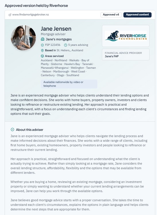 Approved adviser profile on findamortgagebroker.nz showing the adviser summary, FSP number, areas serviced and biography